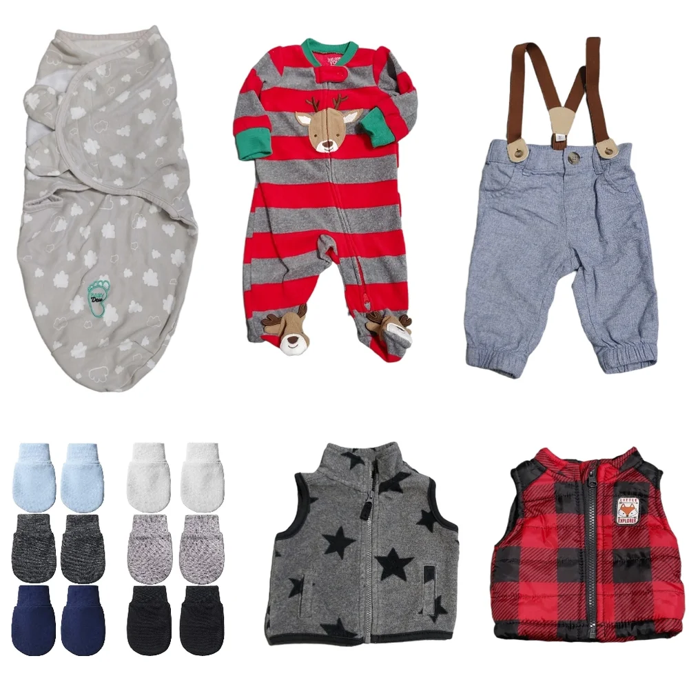 11 Piece Newborn Clothing Christmas Holiday Footie Swaddle Vest Mitten Lot